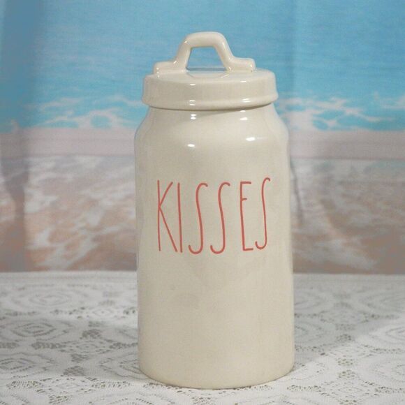 Rae Dunn KISSES Canister Ceramic White with Red Lettering Farmhouse - Picture 1 of 3